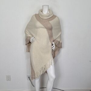 Urban Outfitters Cream & Taupe Cozy Soft Warm Knit Fringe Boho Poncho Wrap O/S